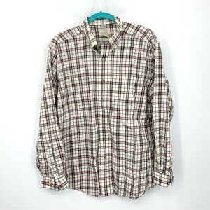 LL Bean Men Size Large Shirt Button Down Top White Blue Checkered Plaid Cotton‎